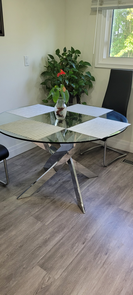 Glass Top Dining Table with 4 Black Chairs