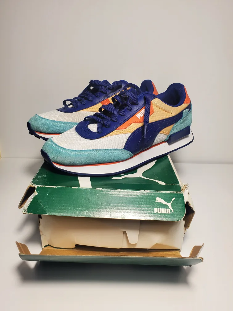 Men’s Puma Future Rider White Elektro Blue Peach Size 10 image indicator(10)