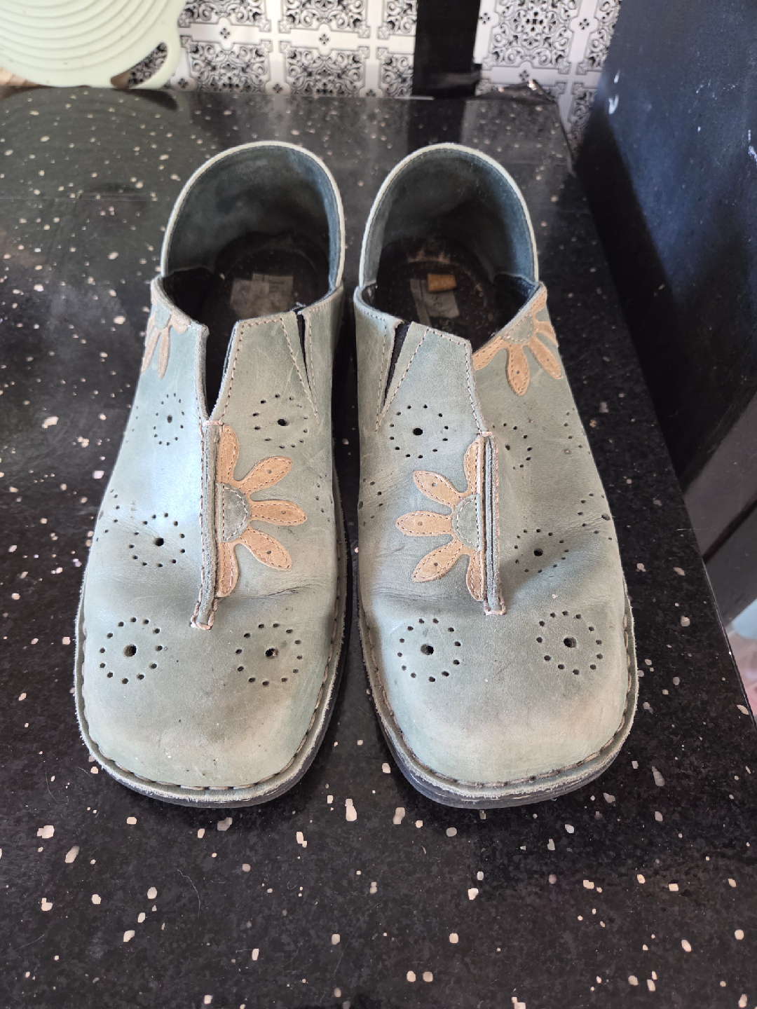 Green Leather Clogs with Flower Detail 9.5