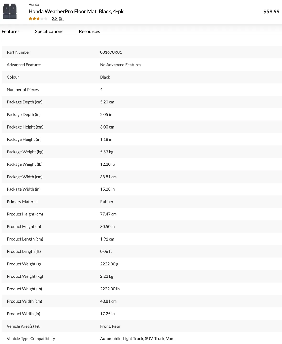 Honda WeatherPro Floor Mats, 4-pk image indicator(7)
