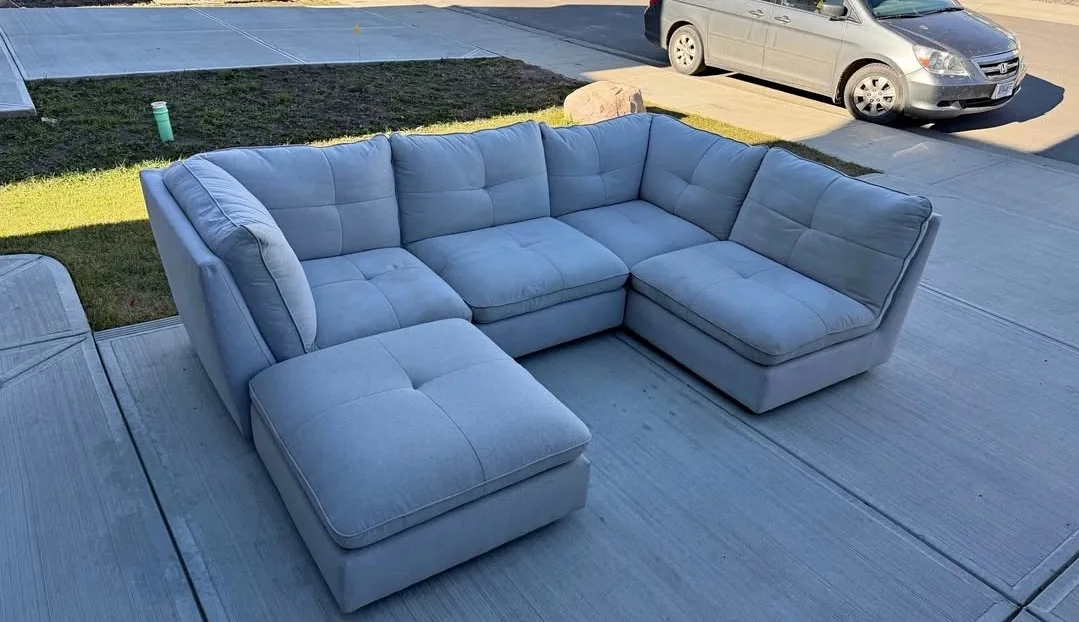 Light Blue Sectional Sofa with Ottoman with free delivery thumbnail