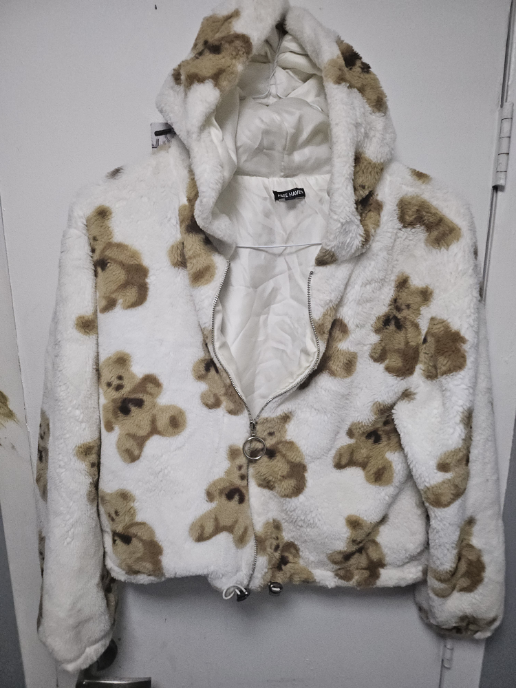 Free Haven Teddy Bear Print Fuzzy Hoodie