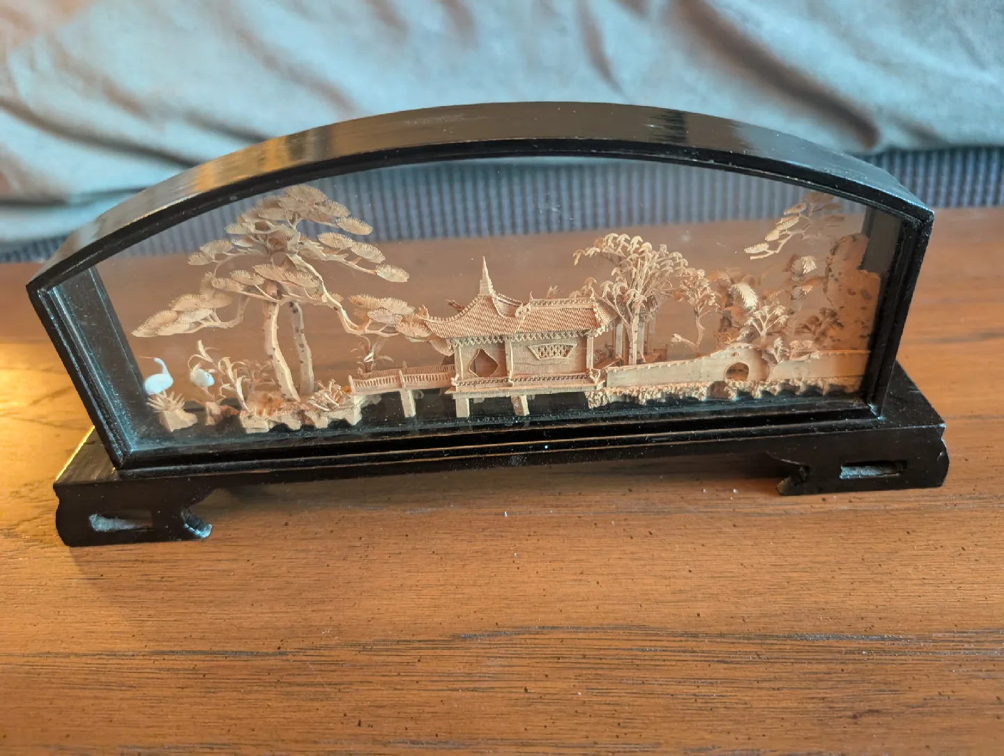 Asian Carved Cork Scene in Glass Case