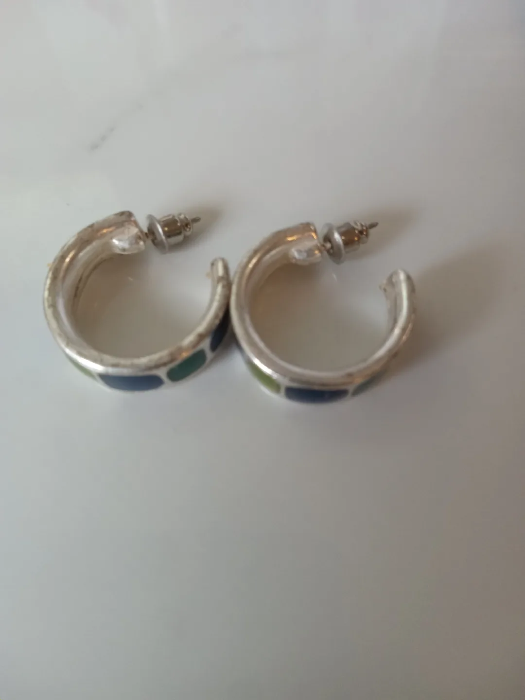 Silver Hoop Earrings with Blue and Green thumbnail