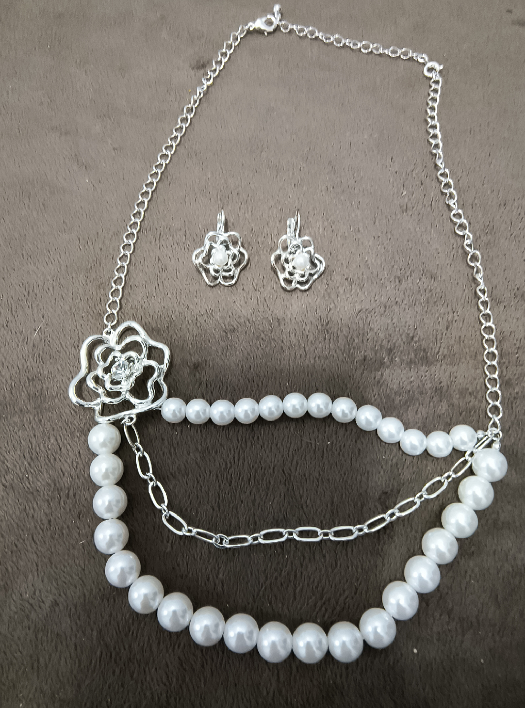 Silver Tone Floral Necklace & Earrings Set