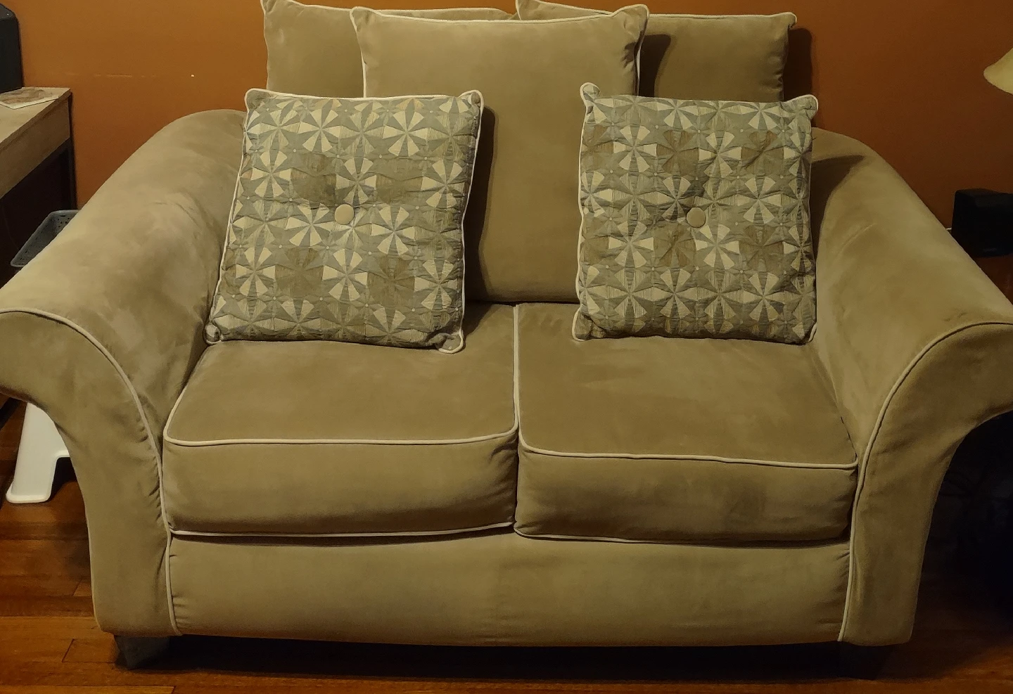 2 Tan Loveseat Sofas with Patterned Pillows - photo 3