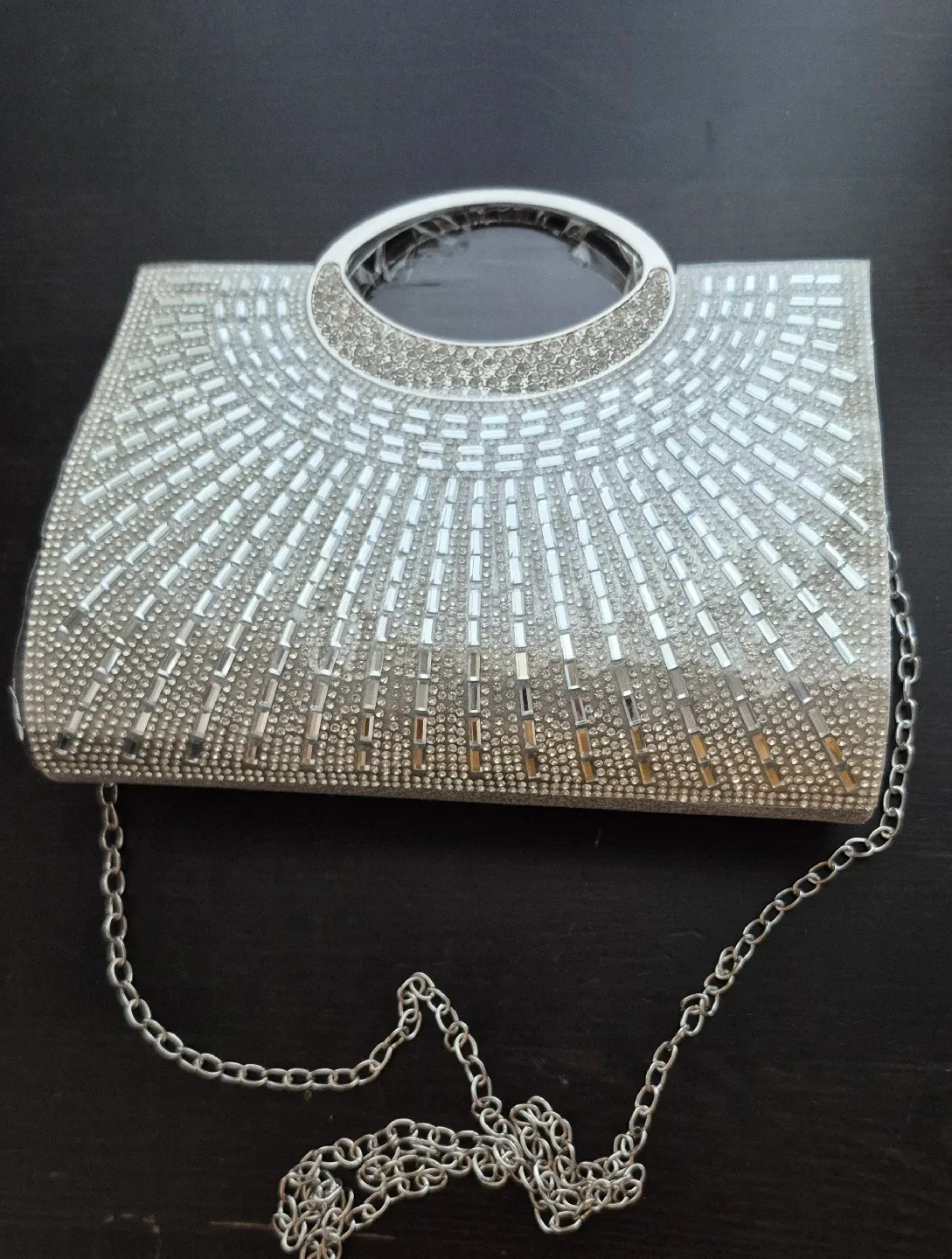 Silver Beaded Evening Clutch with Chain