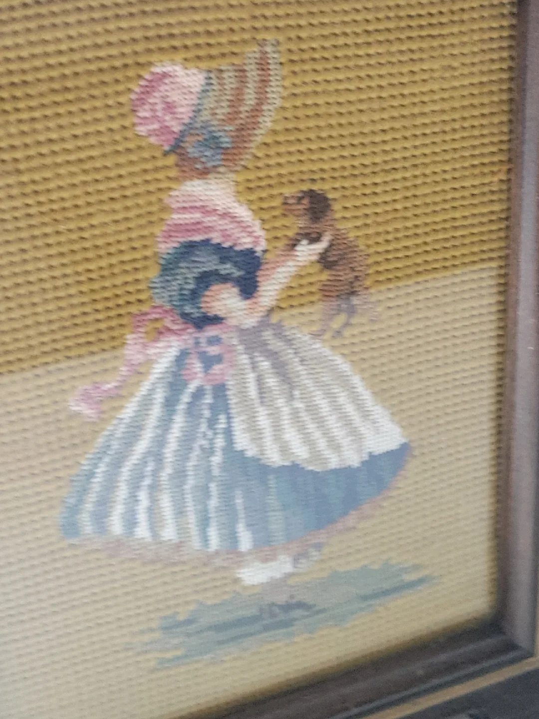 Vintage Framed Needlepoint Art. dogs. wood frame image indicator(2)