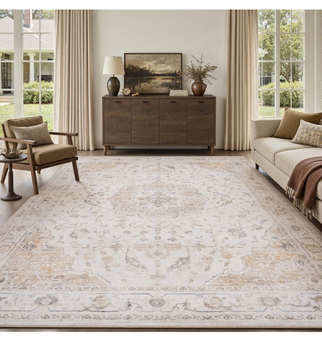 Machine Washable 9×12 feet Area Rug - beige color