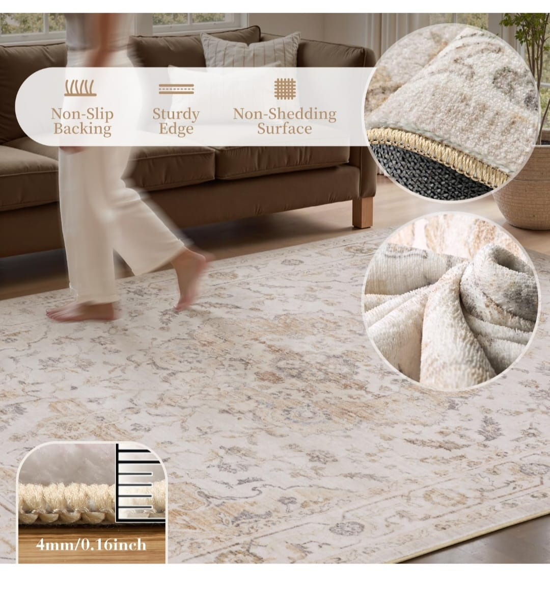 Machine Washable 9×12 feet Area Rug - beige color - photo 4