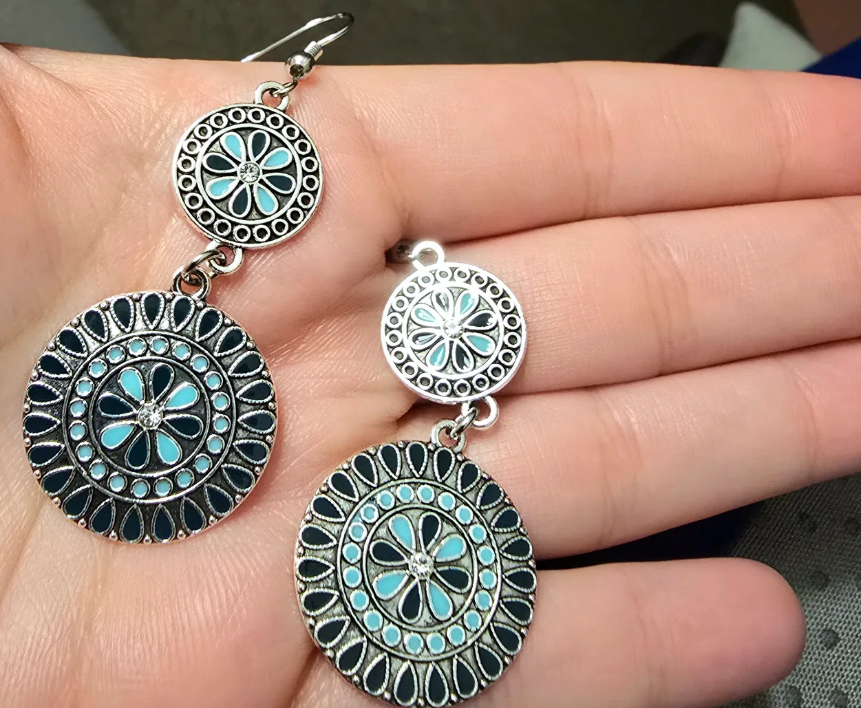Silver Tone Dangle Earrings - Blue