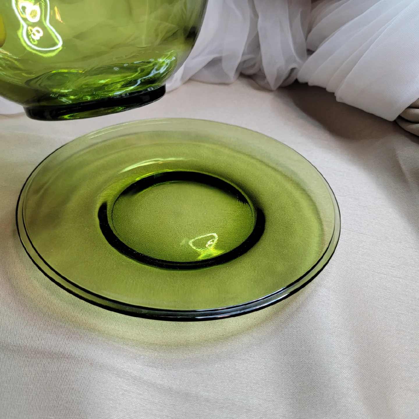 Vintage Indiana Glass Ruffled 2 pc Olive Green Set image indicator(7)