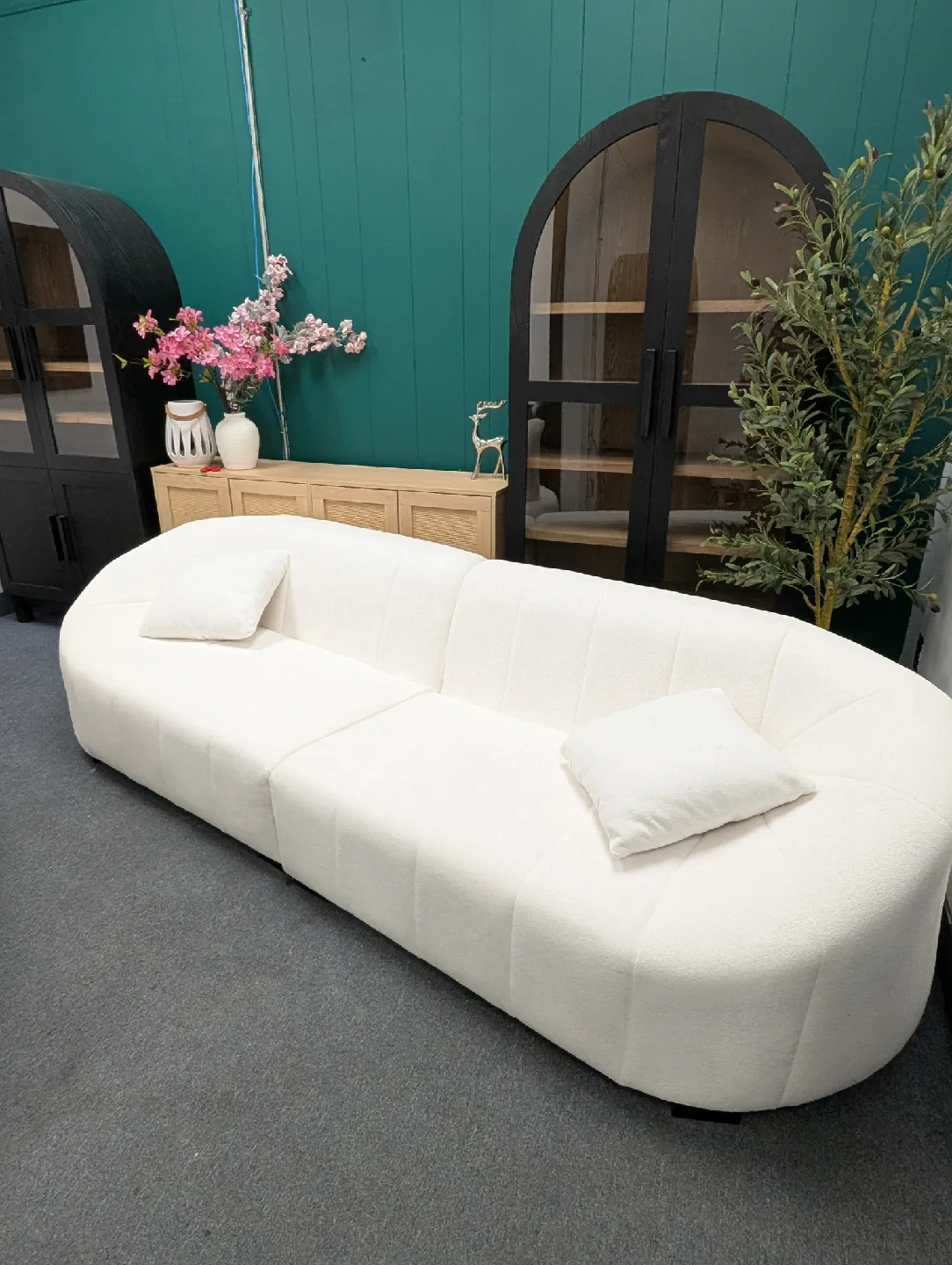 White Boucle Sofa with Pillows thumbnail