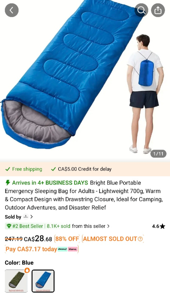 Deep Blue Portable Emergency Sleeping Bag