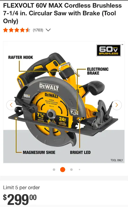 60V Max DeWalt 7 1/4" - Flexvolt Circular Saw w/ E-Brake System image indicator(2)