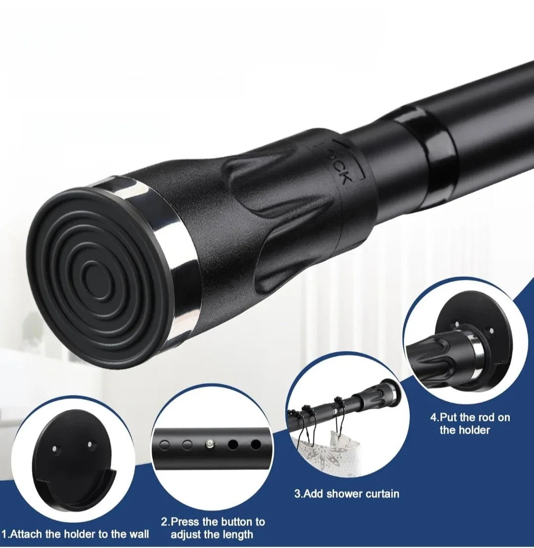 Adjustable Shower Curtain Rod With Holders Black 42"-72" image indicator(2)