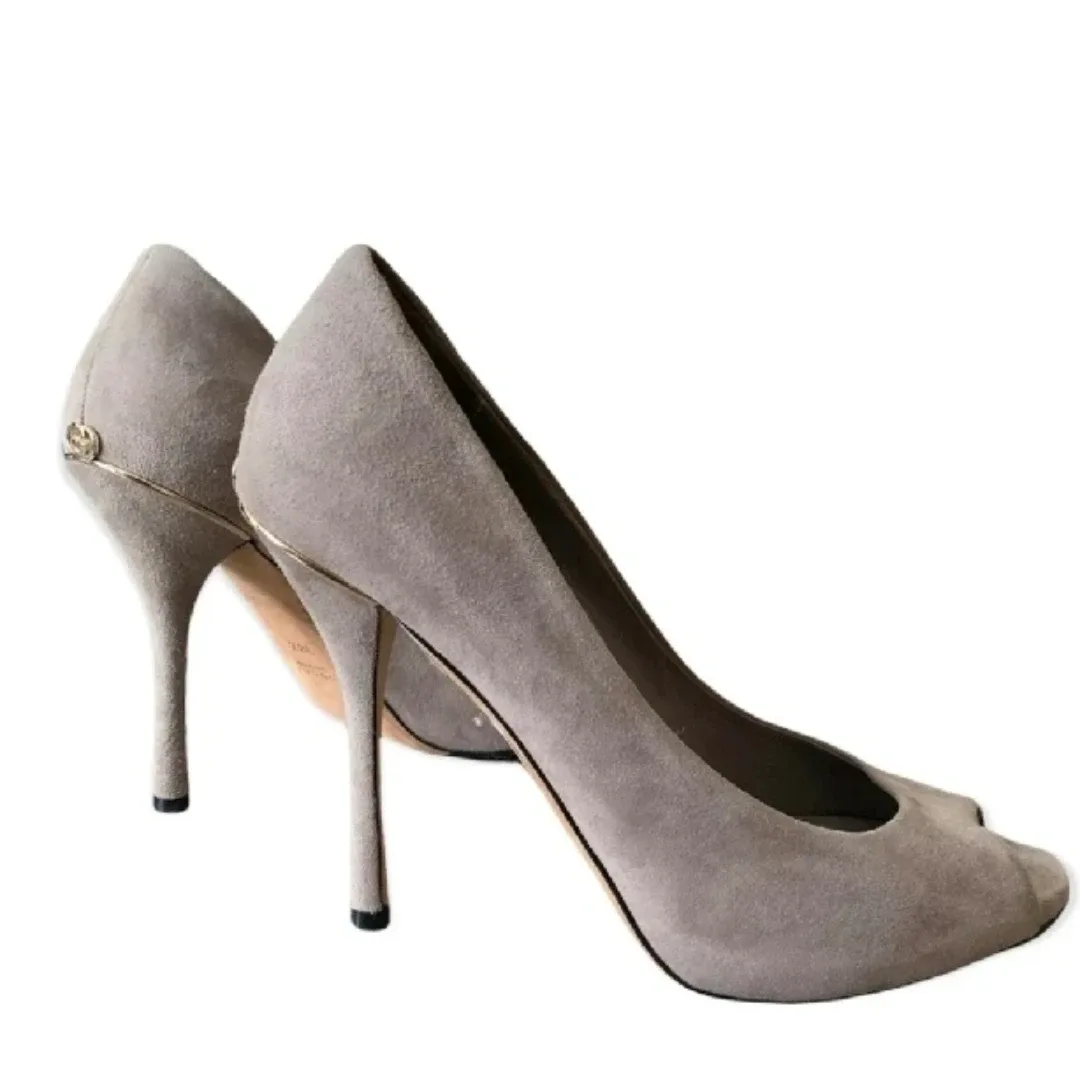 Gucci Grey Suede Leather Peep Toe Heels image indicator(10)