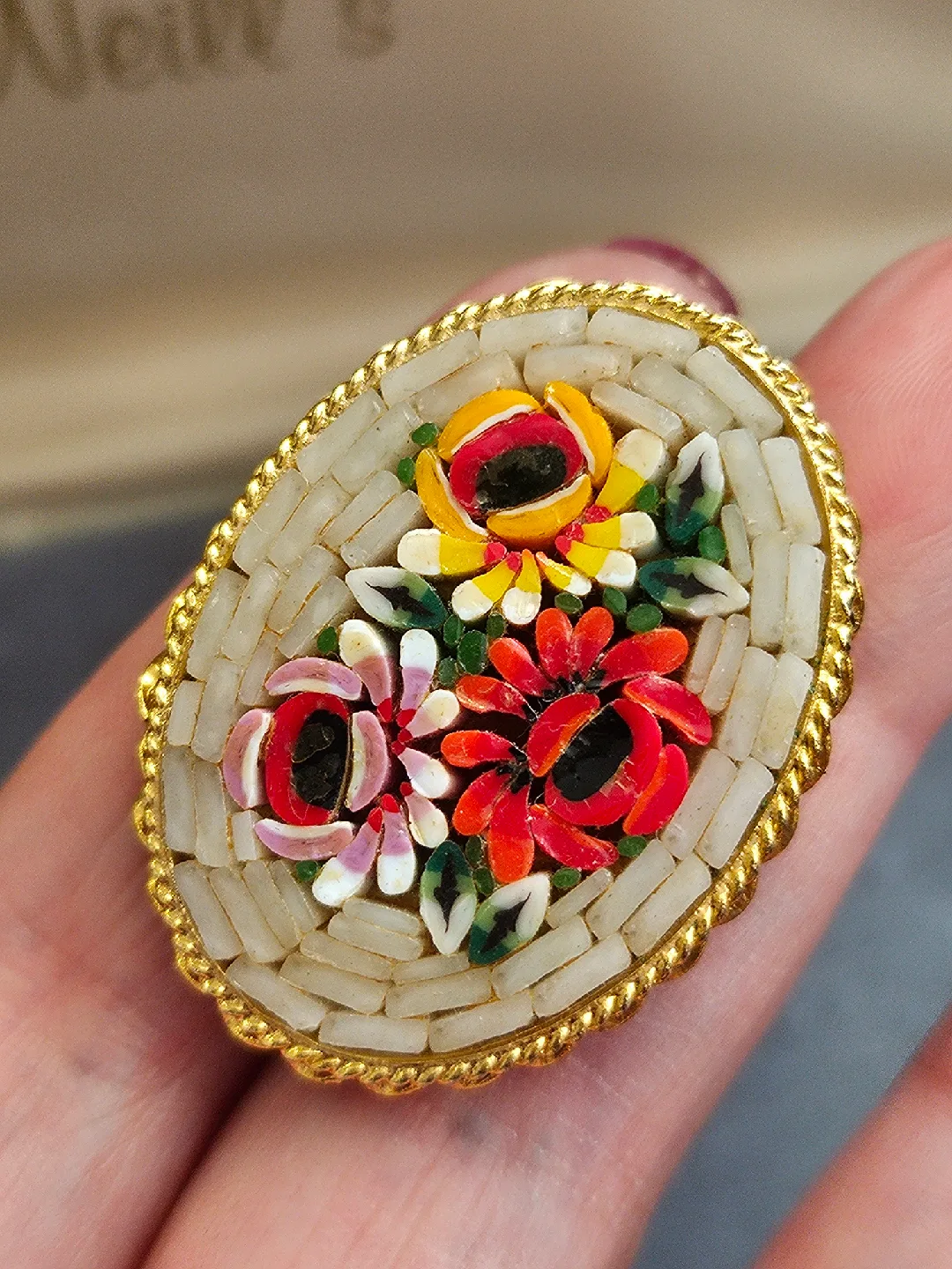 Vintage Italian Micro Mosaic Floral Brooch image indicator(5)