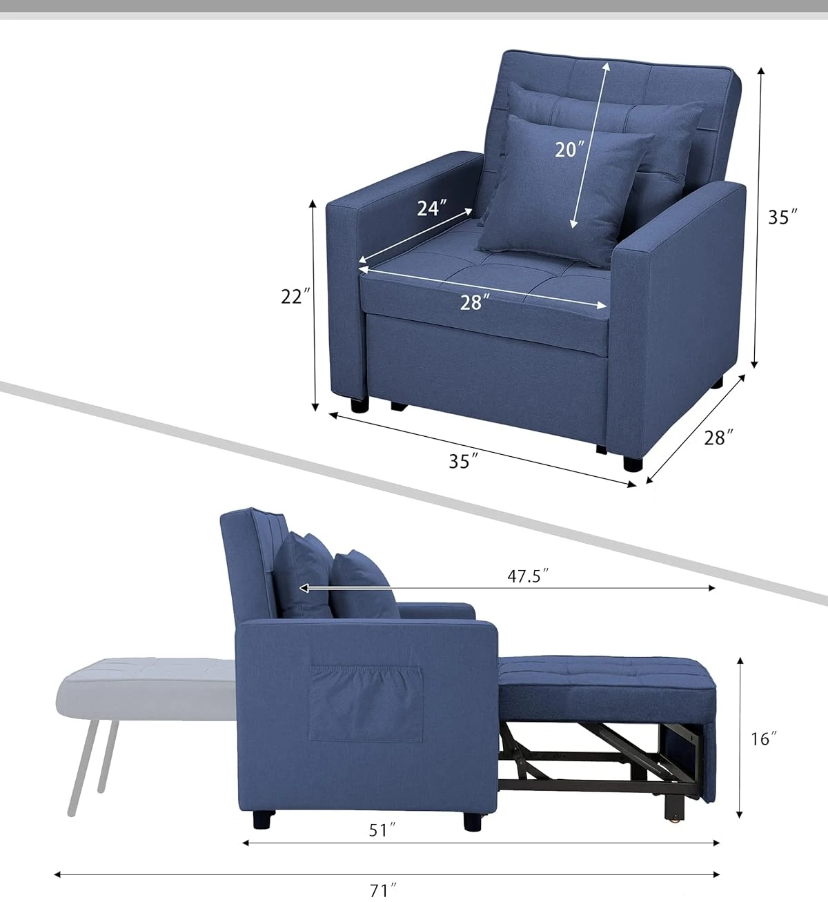 Convertible Sleeper Chair Bed - Blue - photo 4