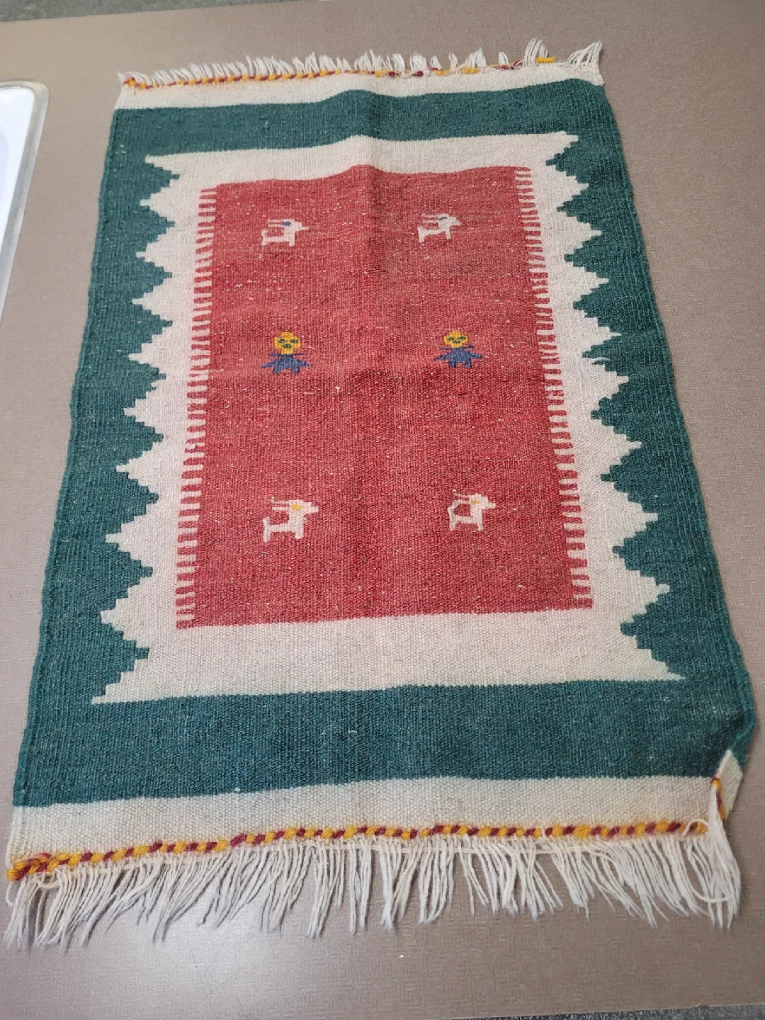 Handmade Wool Rug - Red, Green & White🧡 Bingo thumbnail
