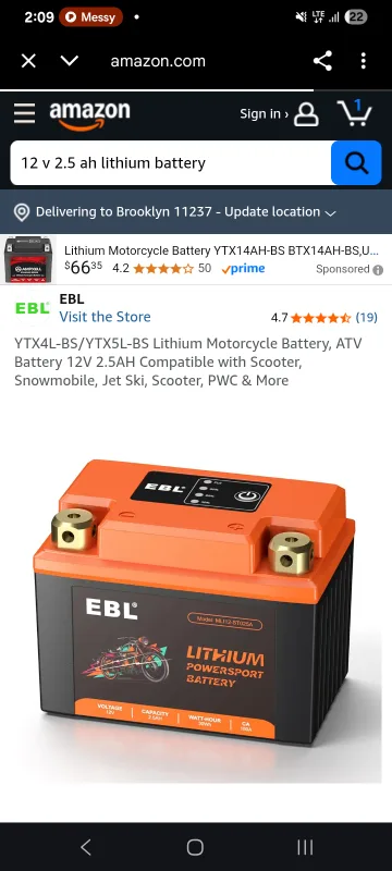 EBL Lithium Motorcycle Battery 12V 2.5AH