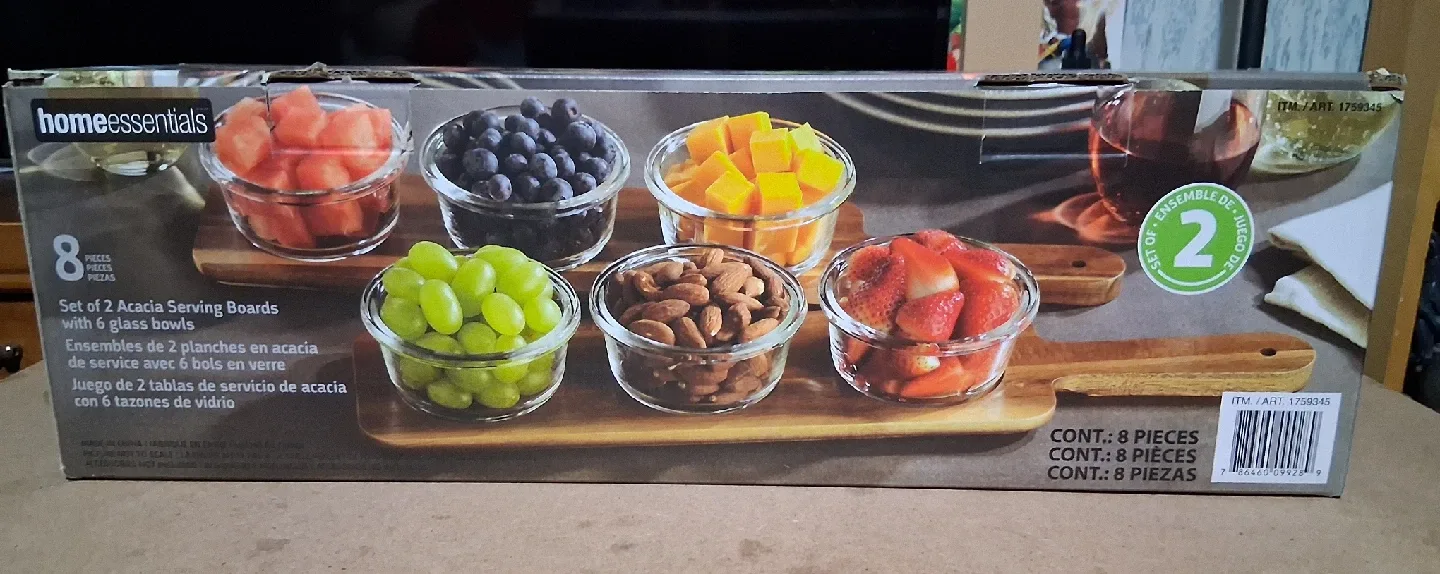 Home Essentials Acacia Serving Boards with Glass Bowls