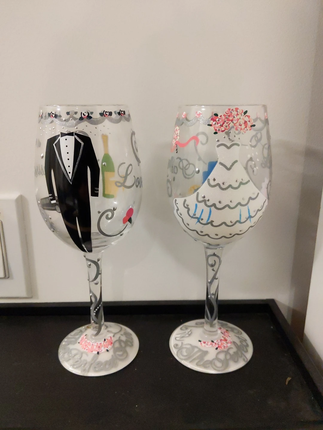 "LOLITA" LOVE MY WINE WEDDING "BRIDE & GROOM" 15 OZ WINE GLASSES