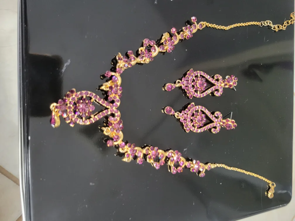 Purple & Gold Floral Necklace and Earring Set thumbnail
