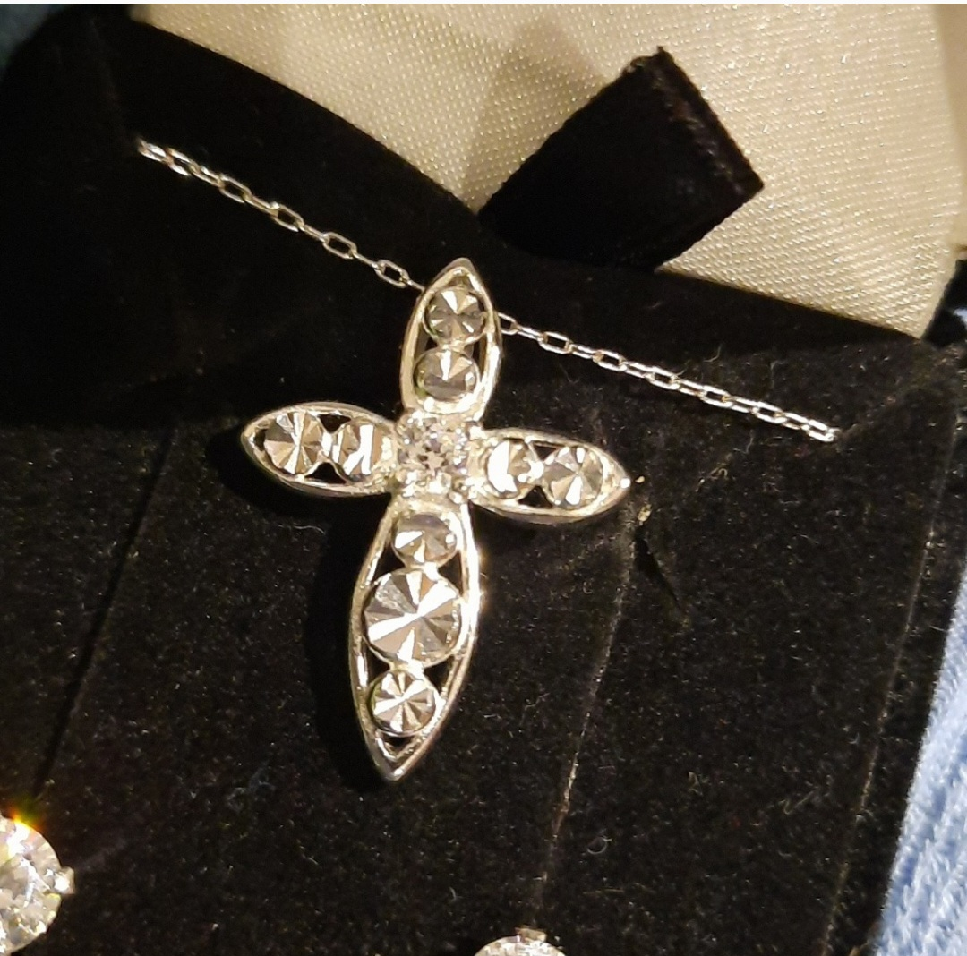 Genuine solid sterling silver CZ cross and stud earrings set - photo 2
