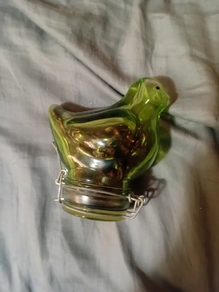 Green Glass Chicken Jar with rare beans thumbnail