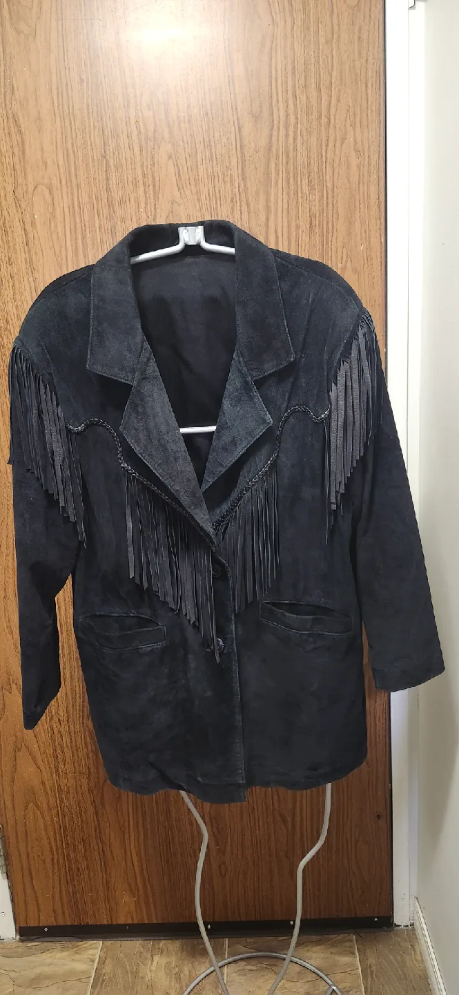 Vintage Black Leather Fringe Jacket Size 10-14 image indicator(5)