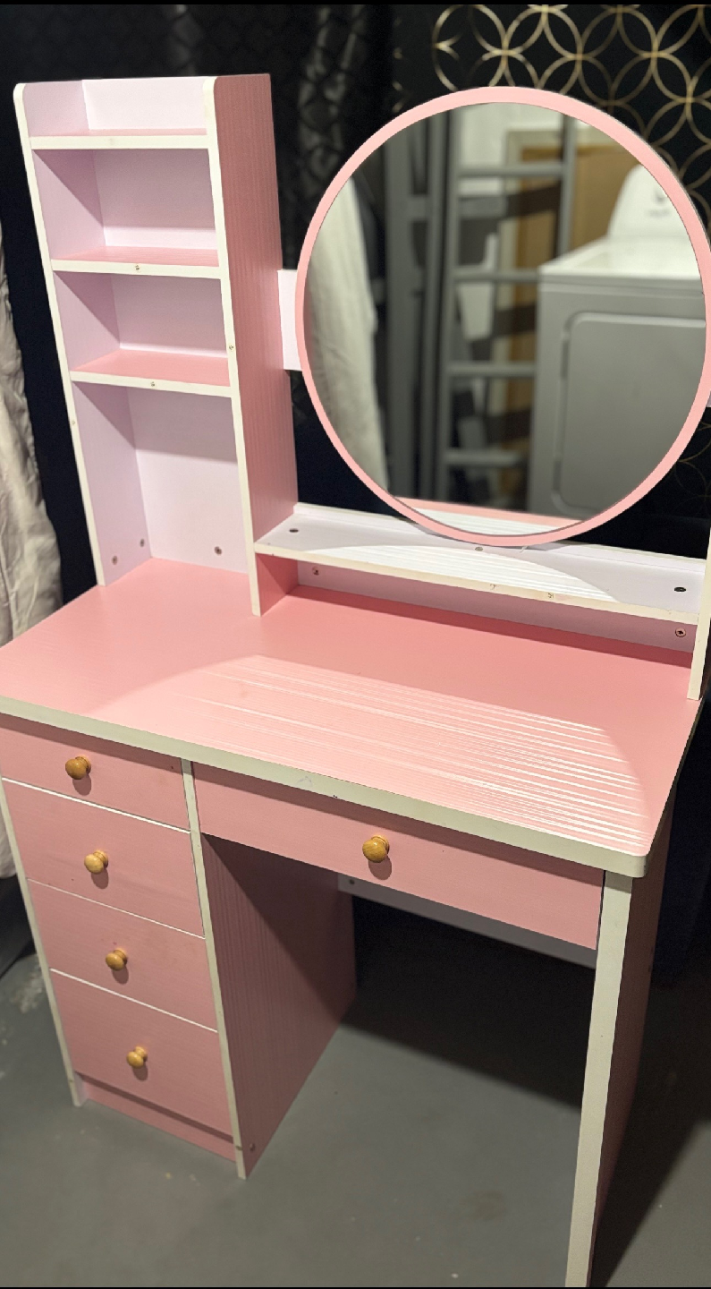 Pink Vanity Table with Mirror & Shelves