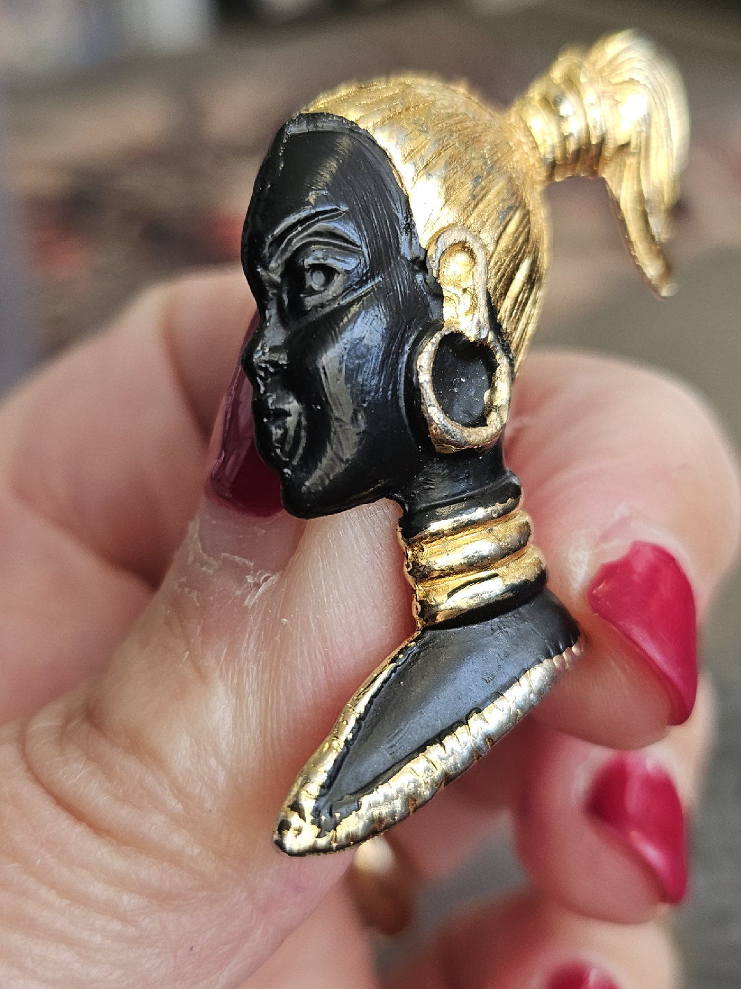 Vintage African Woman Head Brooch - Gold & Black - photo 3