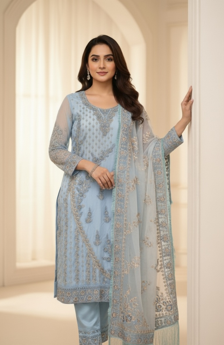 Women's Blue Embroidered Shalwar Kameez