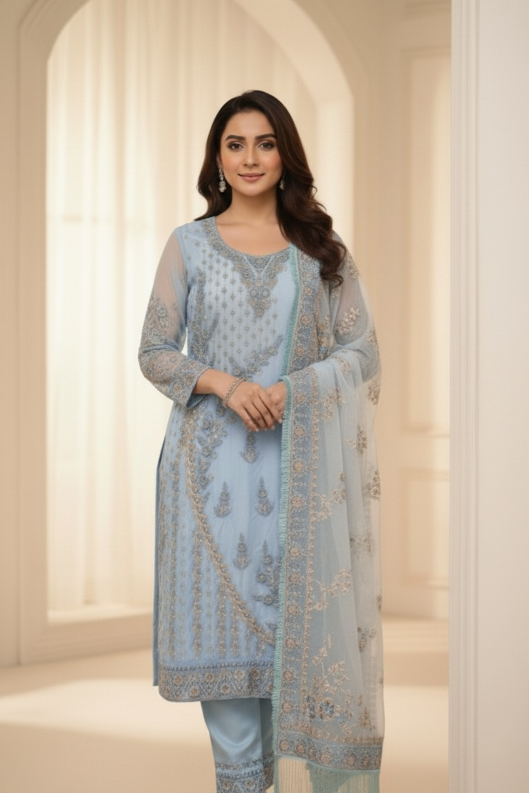 Women's Blue Embroidered Shalwar Kameez - photo 2