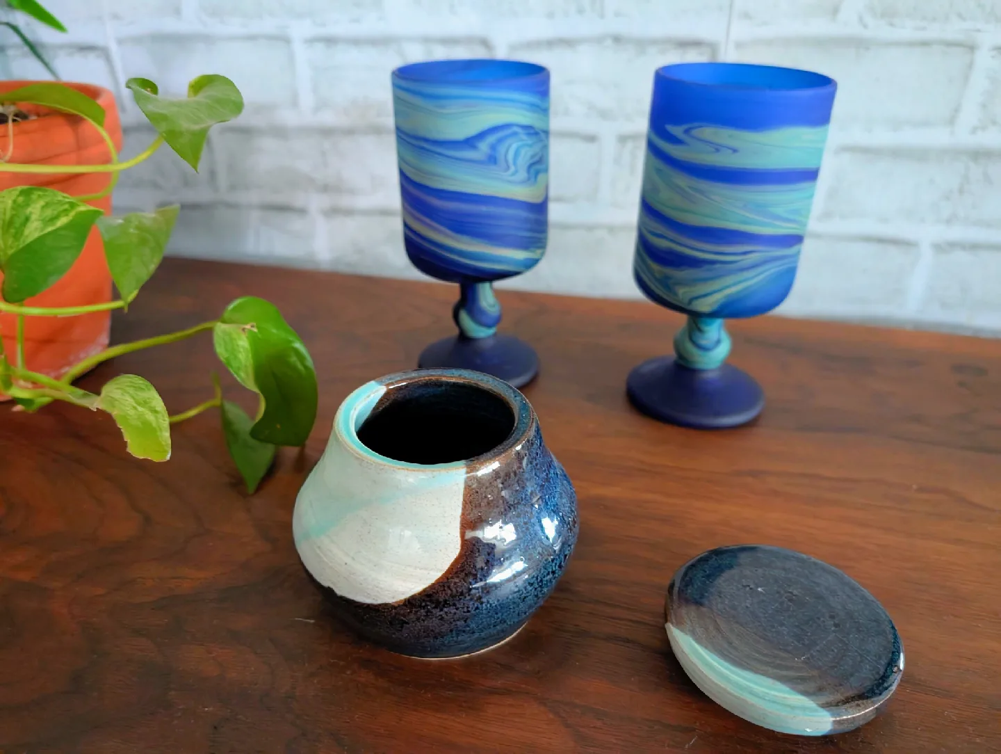 Handmade Ceramic Wineglasses & Jar Set image indicator(2)