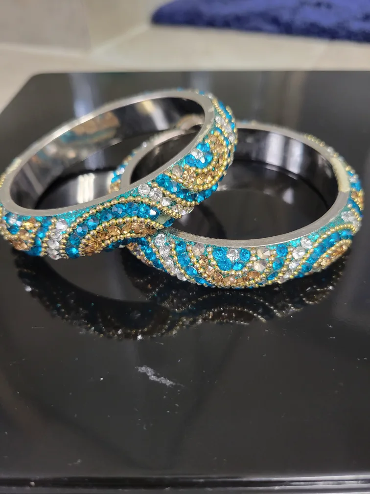 Set of Two Beaded Bangles - Turquoise & Gold thumbnail