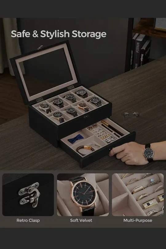SONGMICS JOW008B01 Watch Box with Drawer - Black image indicator(2)