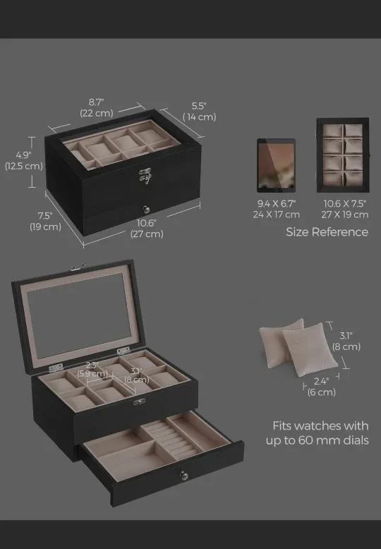SONGMICS JOW008B01 Watch Box with Drawer - Black image indicator(3)