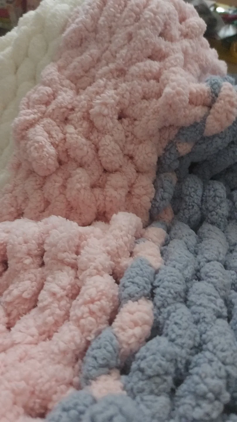 Handmade Chunky Knit Blanket - White, Pink, Grey thumbnail