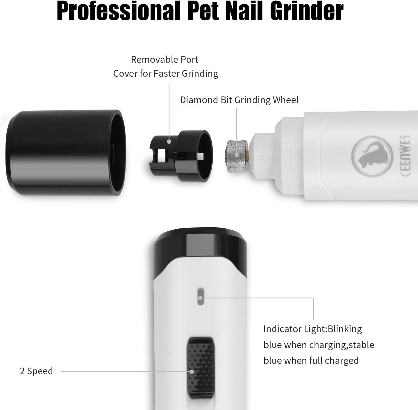Ceenwes Dog Nail Grinder 2-Speed Rechargeable Pet Nail Trimmer - photo 2