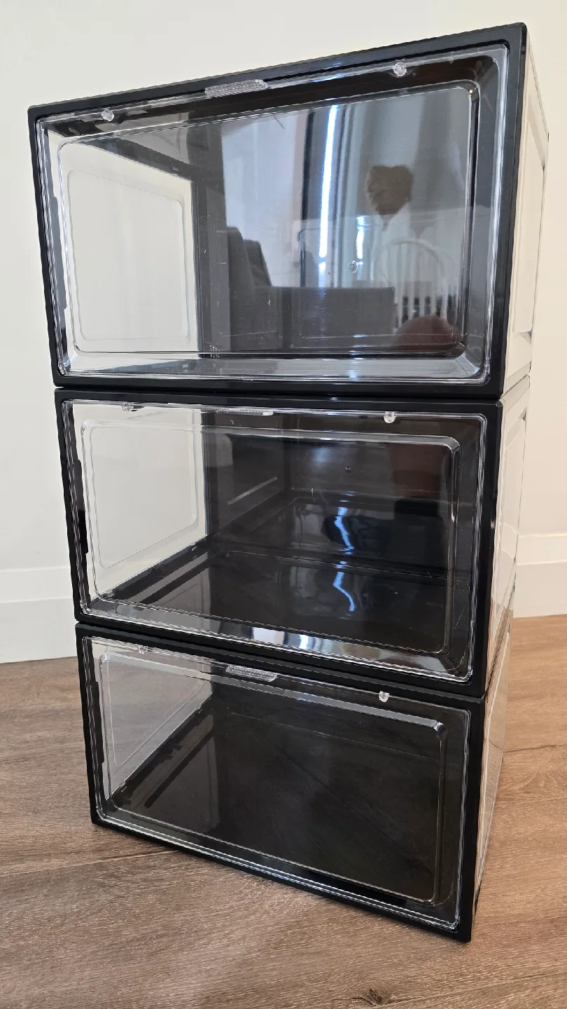 Black Stackable Shoe Storage Boxes - Set of 3