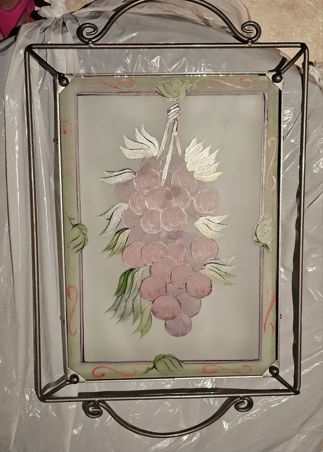 Vintage Metal Framed Glass Tray with Grape Design image indicator(3)