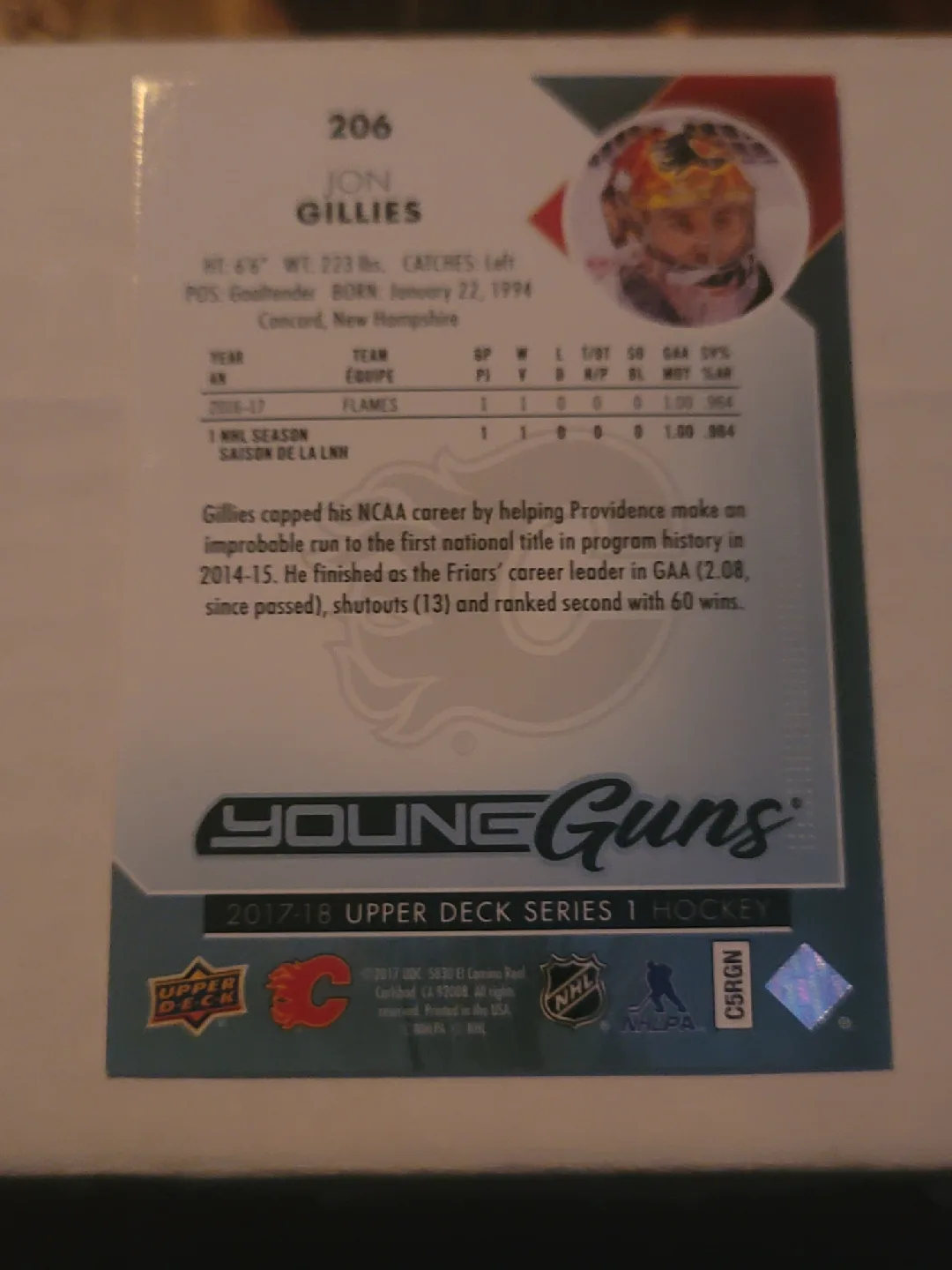 Jon Gillies Young Guns Hockey Card image indicator(2)
