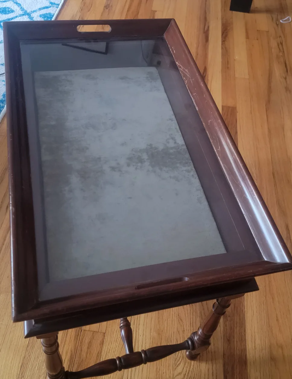 Vintage Dark Wood Coffee Table with Glass Top image indicator(3)