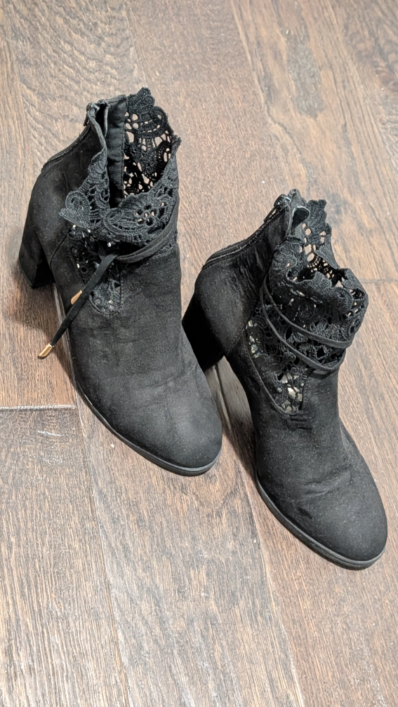 Black Ankle Boots with Lace Detail, Size 9
