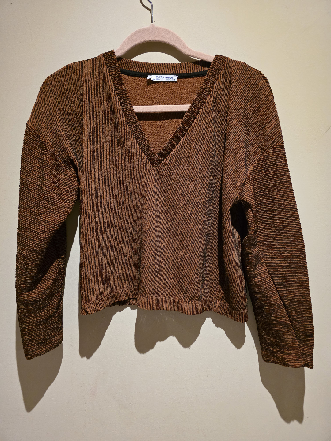 Zara Trafaluc Brown V-Neck Long Sleeve Top