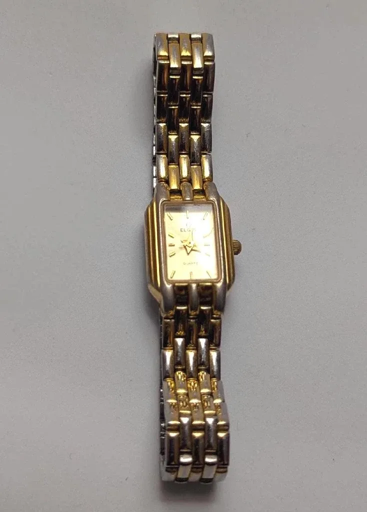 VINTAGE 80s Elgin Quartz Two-Tone Watch / Rectangular thumbnail