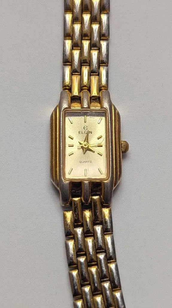 VINTAGE 80s Elgin Quartz Two-Tone Watch / Rectangular image indicator(3)