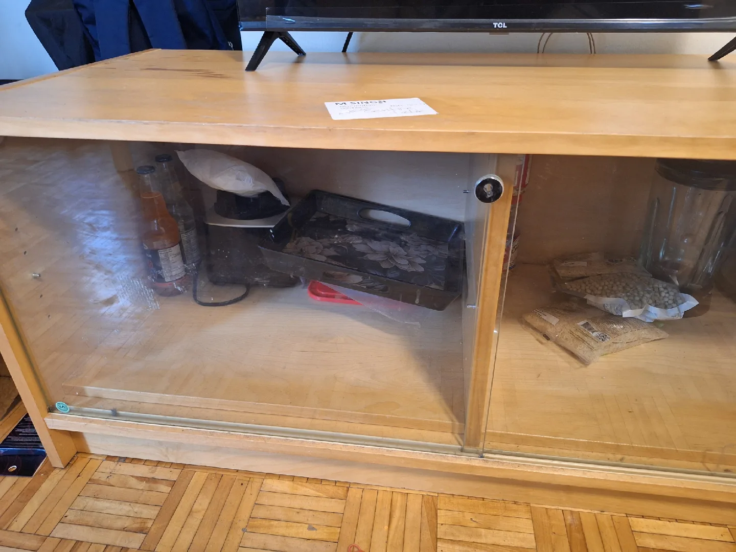 Light Wood TV Stand with Sliding Glass Doors image indicator(5)